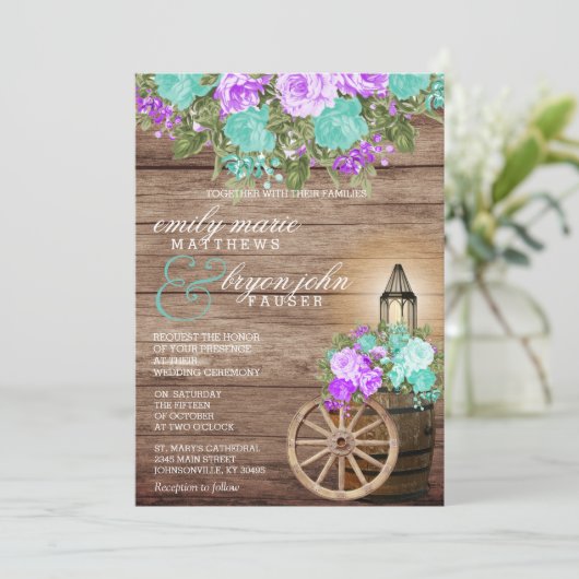 美しい風化木材とティール（緑がかった色）&パープルフローラ 招待状 (スタンド正面)