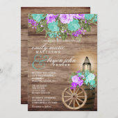 美しい風化木材とティール（緑がかった色）&パープルフローラ 招待状 (正面/裏面)