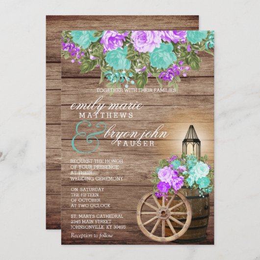 美しい風化木材とティール（緑がかった色）&パープルフローラ 招待状 (正面/裏面)