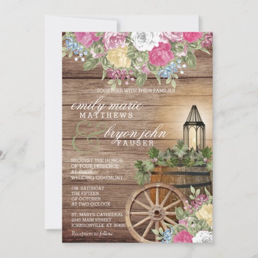 美しい風化木材とフローラカラフル 招待状 (正面)