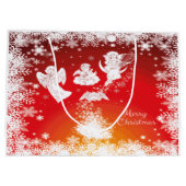 美しい飛んでいるクリスマス天使 – 白い雪 – 赤 ラージペーパーバッグ (裏面)