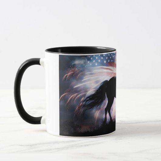 美しい馬とアメリカ国旗の愛国心 マグカップ (左)