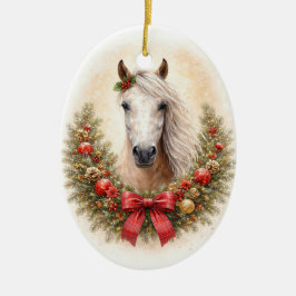 美しい馬とクリスマスリースのホリデー セラミックオーナメント
