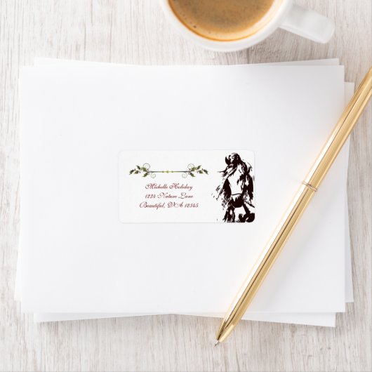 美しい馬とホリーウィンターホリデーアドレス ラベル (インサイチュ)