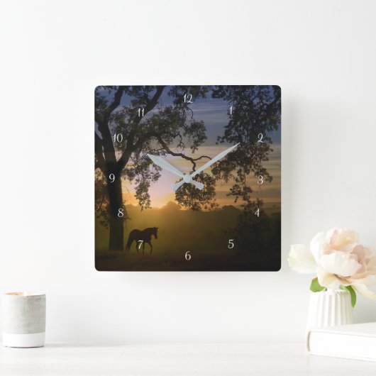 美しい馬と伝統オークツリー スクエア壁時計 (ホーム)