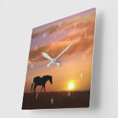 美しい馬と日の出の朝 スクエア壁時計 (傾斜)