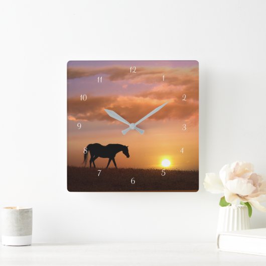 美しい馬と日の出の朝 スクエア壁時計 (ホーム)