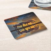 美しい馬と水の夕日の西 スクエアペーパーコースター (アングル)