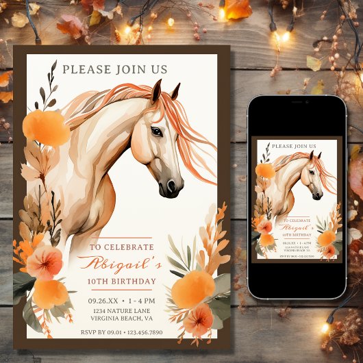 美しい馬と秋の花秋誕生日 招待状