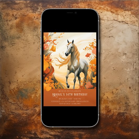 美しい馬と秋の花秋誕生日 招待状
