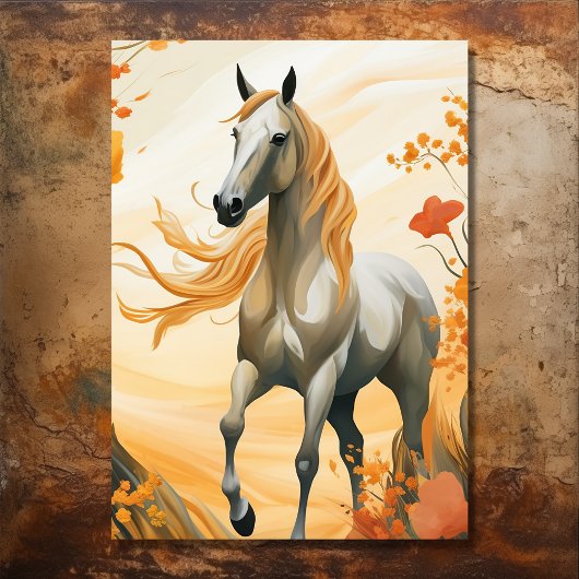 美しい馬と秋の花秋誕生日 招待状