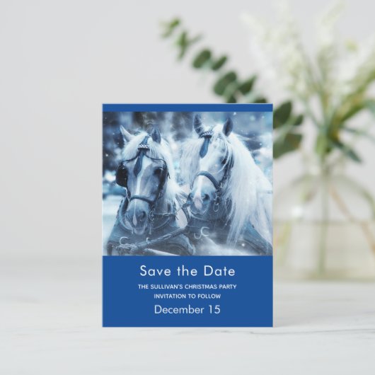 美しい馬のチーム冬の写真の日付を保存 インビテーションポストカード (スタンド正面)