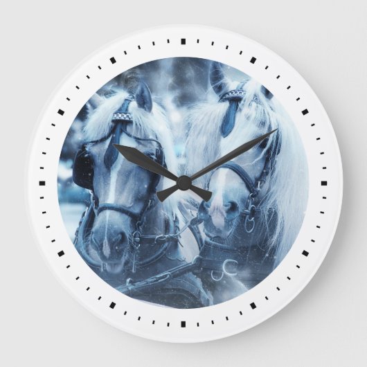 美しい馬のチーム冬の写真 ラージ壁時計 (正面)