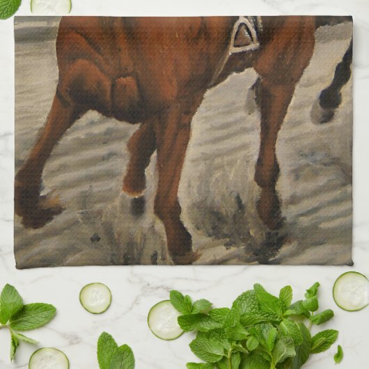 美しい馬の持ち主がレースにクラシック参加 キッチンタオル (折り畳み)