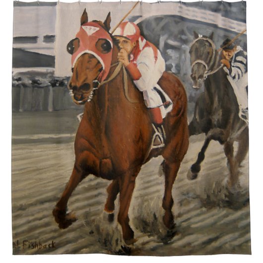 美しい馬の持ち主がレースにクラシック参加 シャワーカーテン (正面)