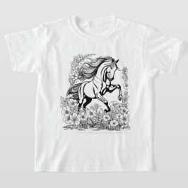 美しい馬の育成と花の絵を描く Tシャツ