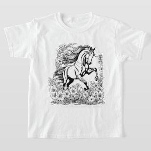 美しい馬の育成と花の絵を描く Tシャツ