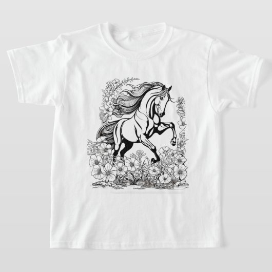 美しい馬の育成と花の絵を描く Tシャツ (レイダウン)