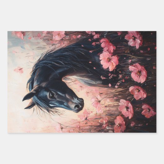 美しい馬の赤面ピンクワイルドフラワーデコップページ ラッピングペーパーシート (正面)