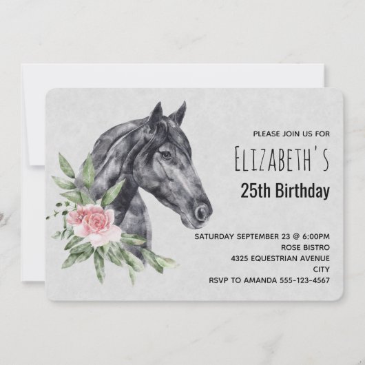 美しい馬の頭の水彩誕生日 招待状 (正面)