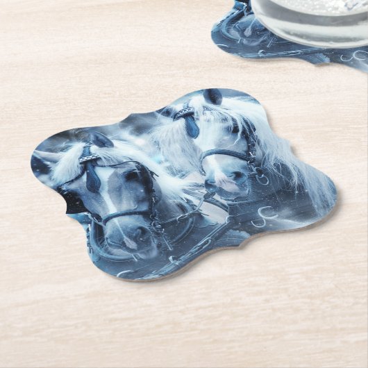 美しい馬チーム冬のドライビングフォト ペーパーコースター (アングル)