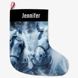 美しい馬チーム冬のドライビングフォト ラージクリスマスストッキング