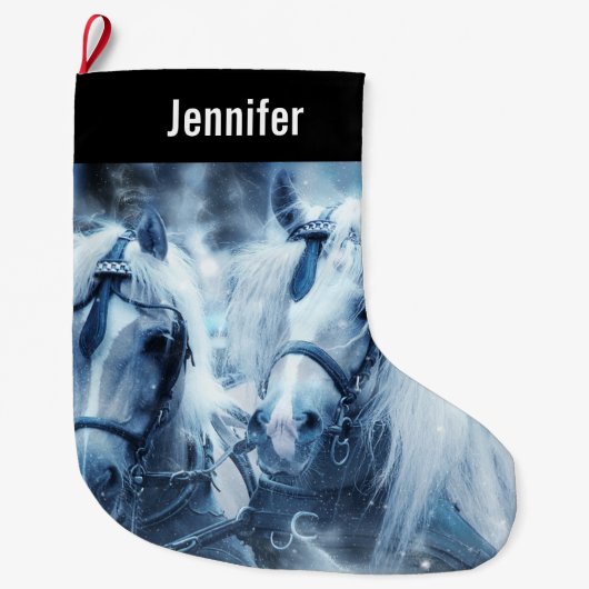 美しい馬チーム冬のドライビングフォト ラージクリスマスストッキング (正面)