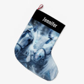 美しい馬チーム冬のドライビングフォト ラージクリスマスストッキング (正面 (吊り時))