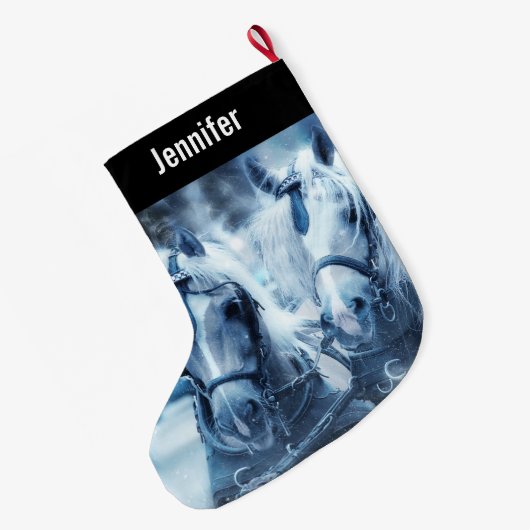 美しい馬チーム冬のドライビングフォト ラージクリスマスストッキング (裏面 (吊り時))