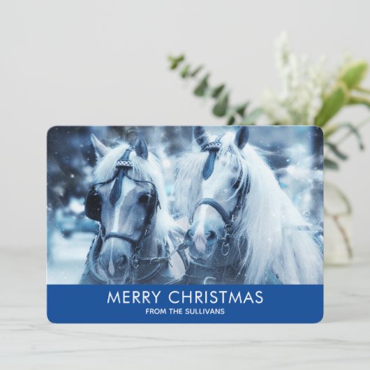 美しい馬チーム冬の写真クリスマス シーズンカード (スタンド正面)