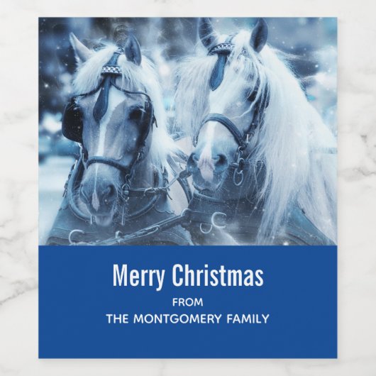 美しい馬チーム冬の写真クリスマス ワインラベル (シングルラベル)