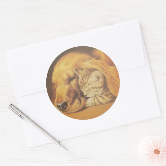 美しい驚くべき猫と犬の赤ちゃんアートプリント ラウンドシール (封筒)