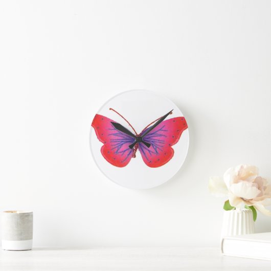 美しい驚くべき赤いピンクと紫の蝶 ラウンド壁時計 (ホーム)