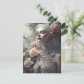 美しい骨の女性の骨格と花 ポストカード (スタンド正面)