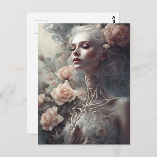 美しい骨の女性の骨格と花 ポストカード (正面/裏面)