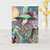 美しい魔女と虎猫キッテンハロウィンカード カード (黄色い花)