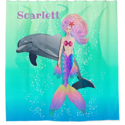 美しい魔法マーメイドとイルカの友人 シャワーカーテン (正面)