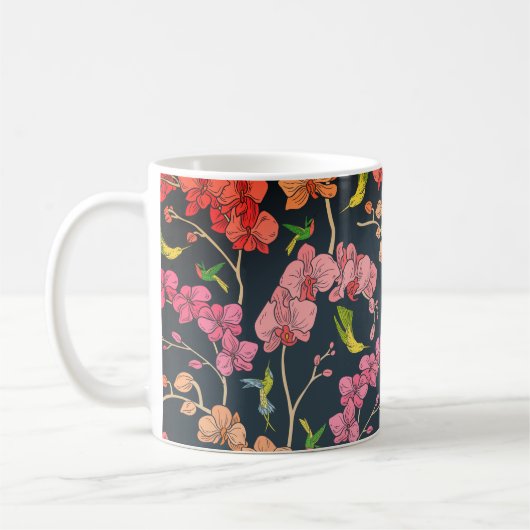 美しい鳥と蘭のパターン コーヒーマグカップ (左)