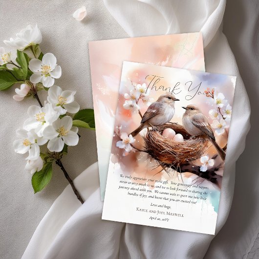 美しい鳥の巣パーティーツインベビーシャワー サンキューカード
