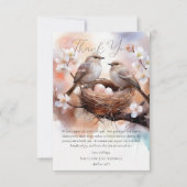 美しい鳥の巣パーティーツインベビーシャワー サンキューカード (正面)