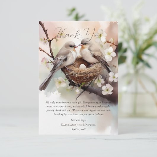 美しい鳥の巣立てパーティーニュートラル赤ちゃんシャワー サンキューカード (スタンド正面)