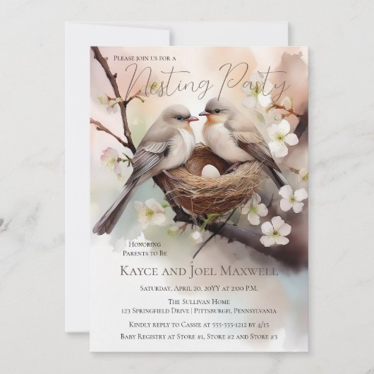 美しい鳥の巣立てパーティーニュートラル赤ちゃんシャワー 招待状 (正面)