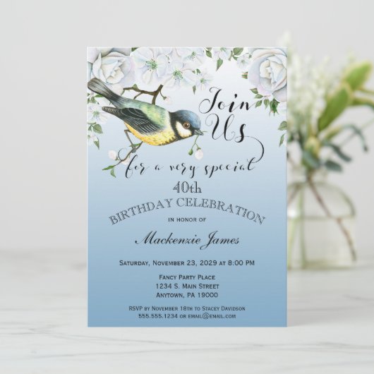 美しい鳥の自然な誕生日パーティー招待状 青い花 招待状 (スタンド正面)