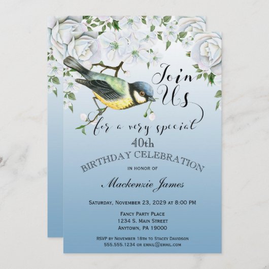 美しい鳥の自然な誕生日パーティー招待状 青い花 招待状 (正面/裏面)