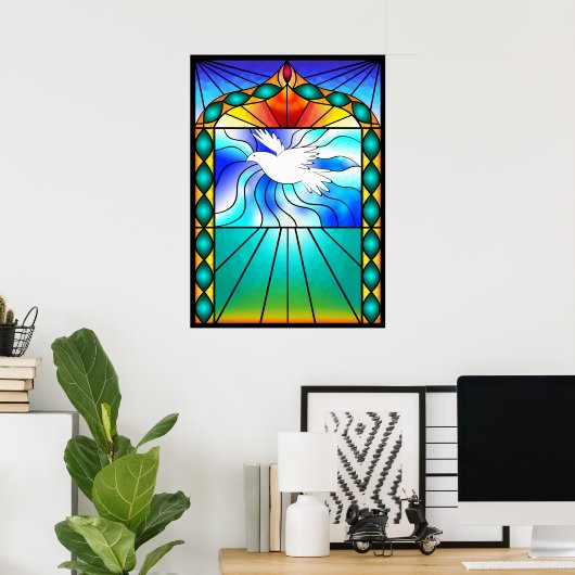 美しい鳩ステンドグラス教会の窓ポスター ポスター (ホームオフィス)