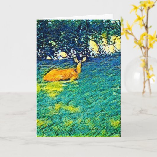 美しい鹿が芝生で眠っていた空白の。 カード (黄色い花)