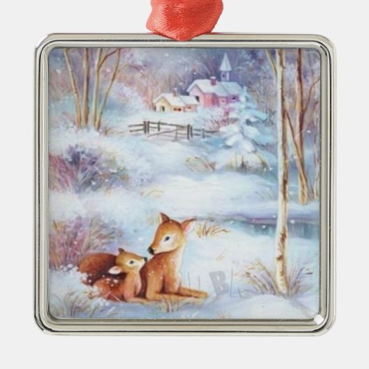 美しい鹿と子鹿のクリスマスツリー メタルオーナメント (正面)