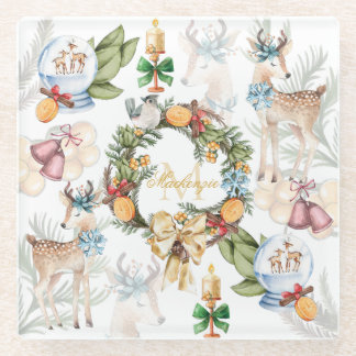 美しい鹿の水色クリスマスファミリー名 ガラスコースター