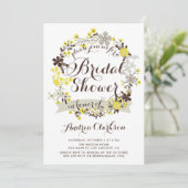 美しい黄色とグレーの花のリース ブライダルシャワー 招待状 (スタンド正面)