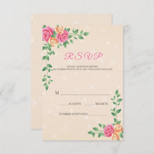 美しい黄色とピンクのバラ 出欠カード (正面/裏面)